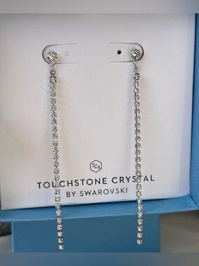 Touchstone Crystal Silver Long Linear Crystal Drop Earrings